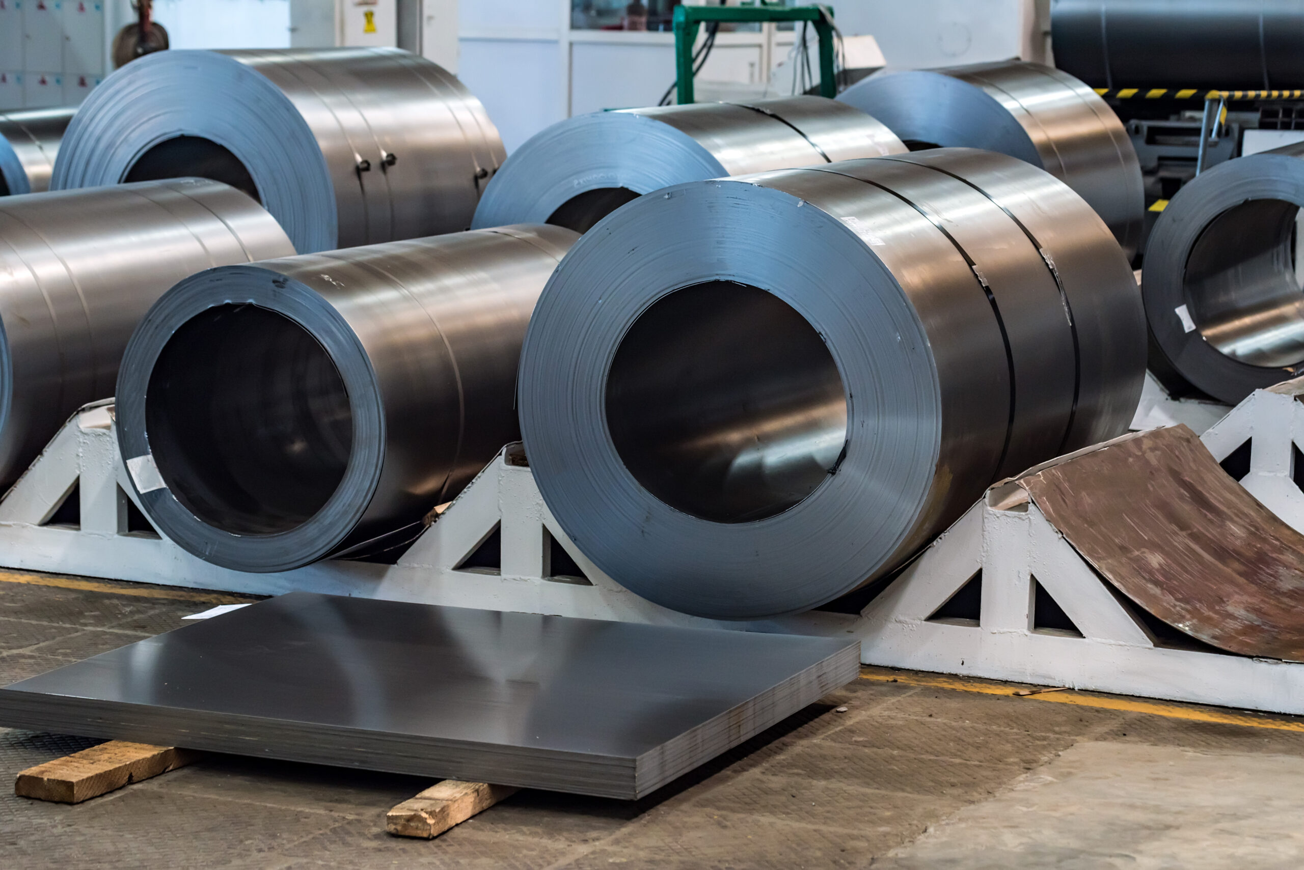 Stock with rolls of sheet steel in industrial plant